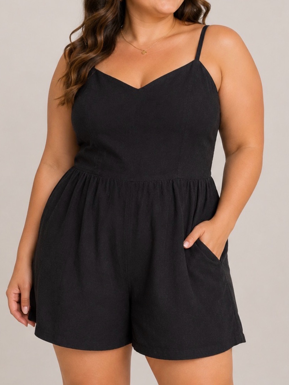 Old Navy Black Spaghetti Strap Romper Dress POCKETS flare shorts Lightweight LG